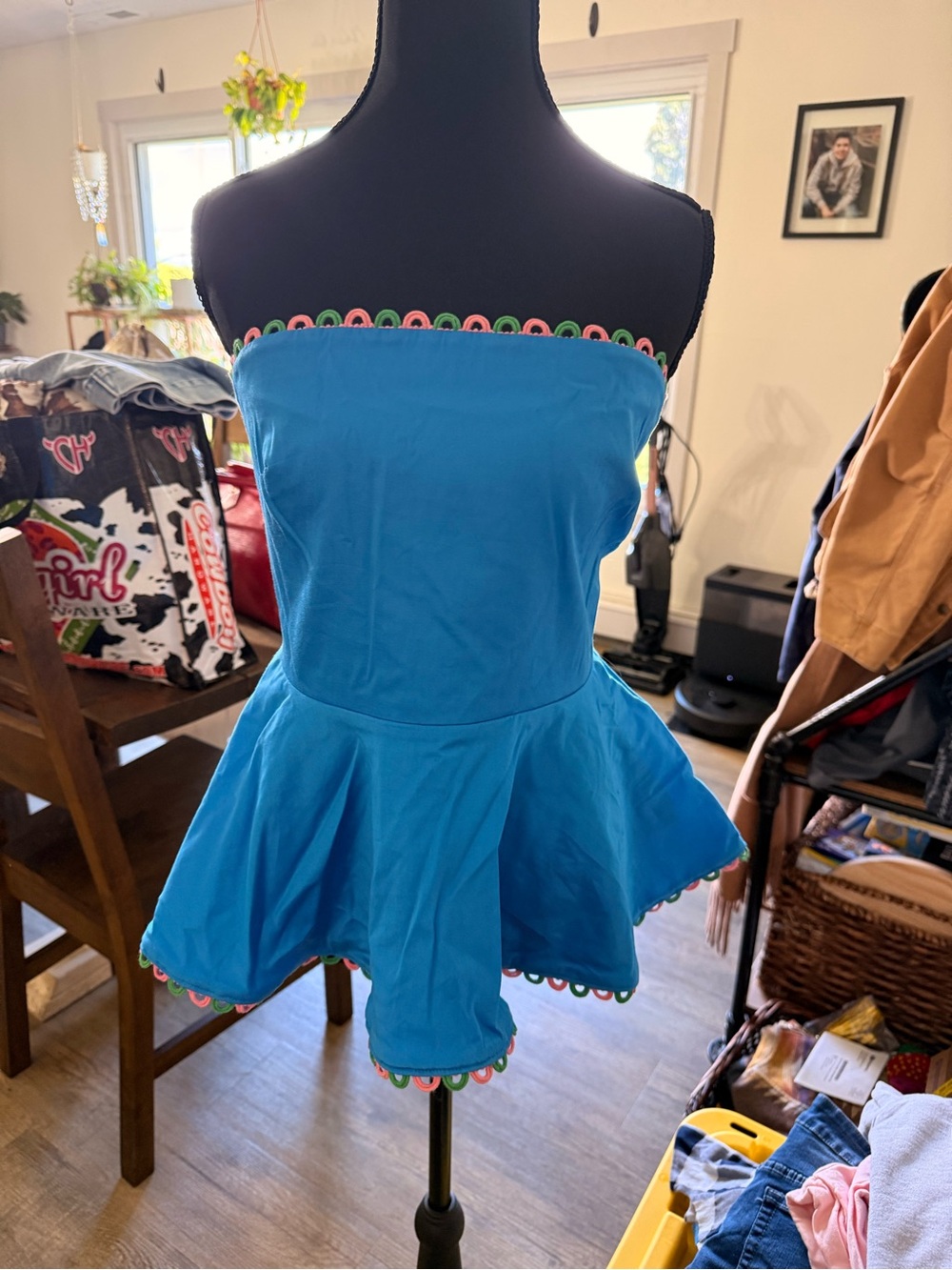 Alden Adair Strapless Blue Peplum Top with Colorful Trim